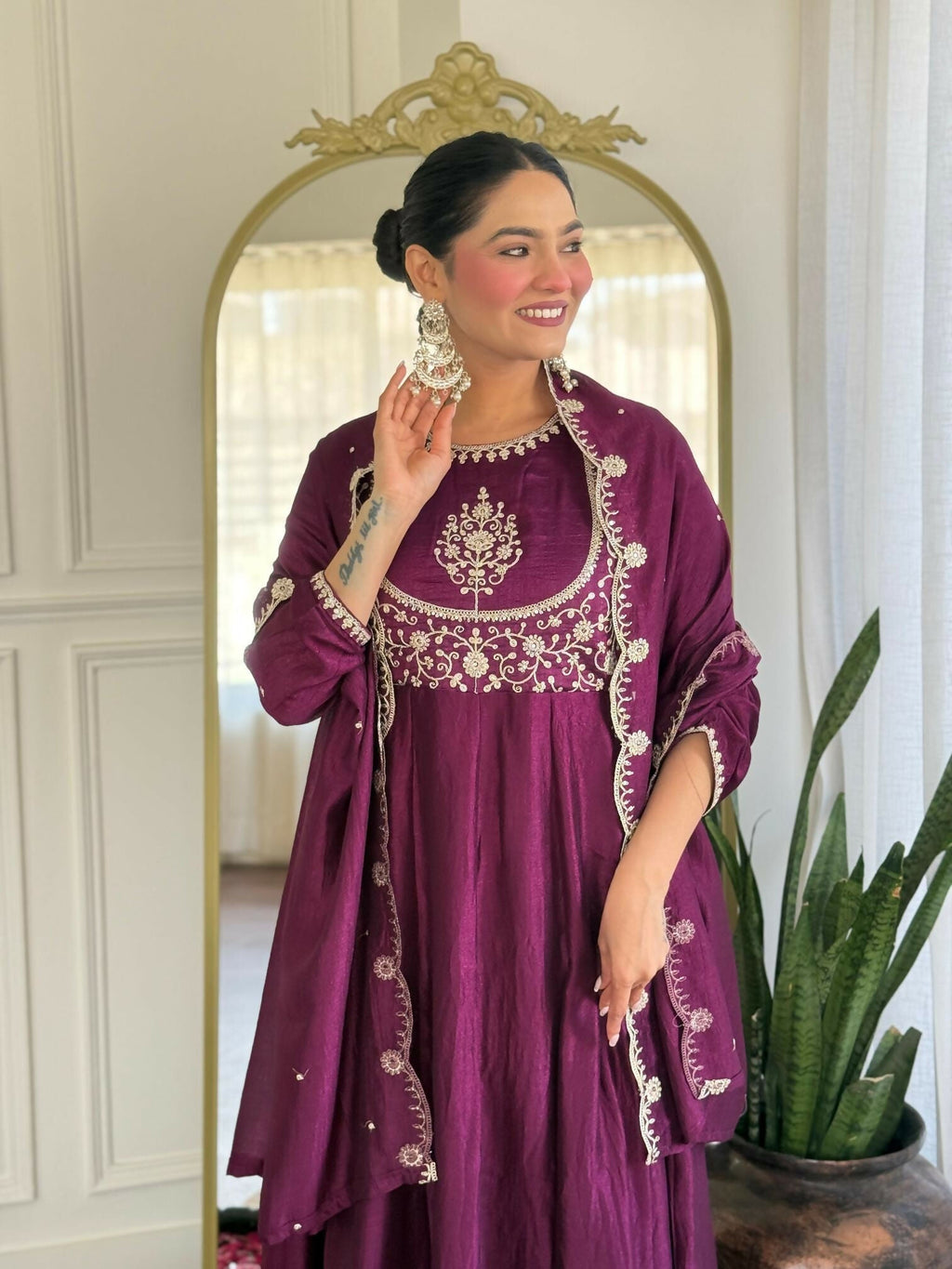 The52 Women's Beautiful Vichitra Silk Fabric Embroidery Work Flared Anarkali Pant and Dupatta Set - Distacart