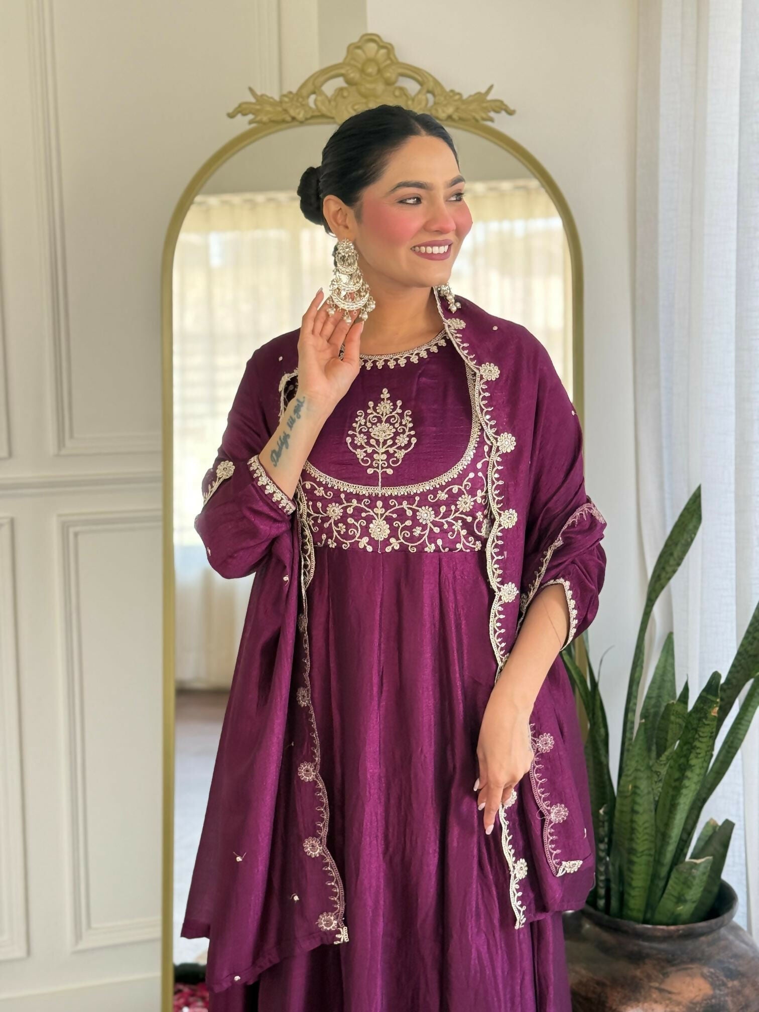 The52 Women's Beautiful Vichitra Silk Fabric Embroidery Work Flared Anarkali Pant and Dupatta Set - Distacart