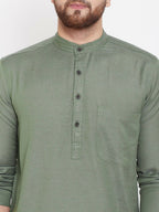 Even Apparels Green Color Linen Linen Men's Kurta With Band Collar - Distacart