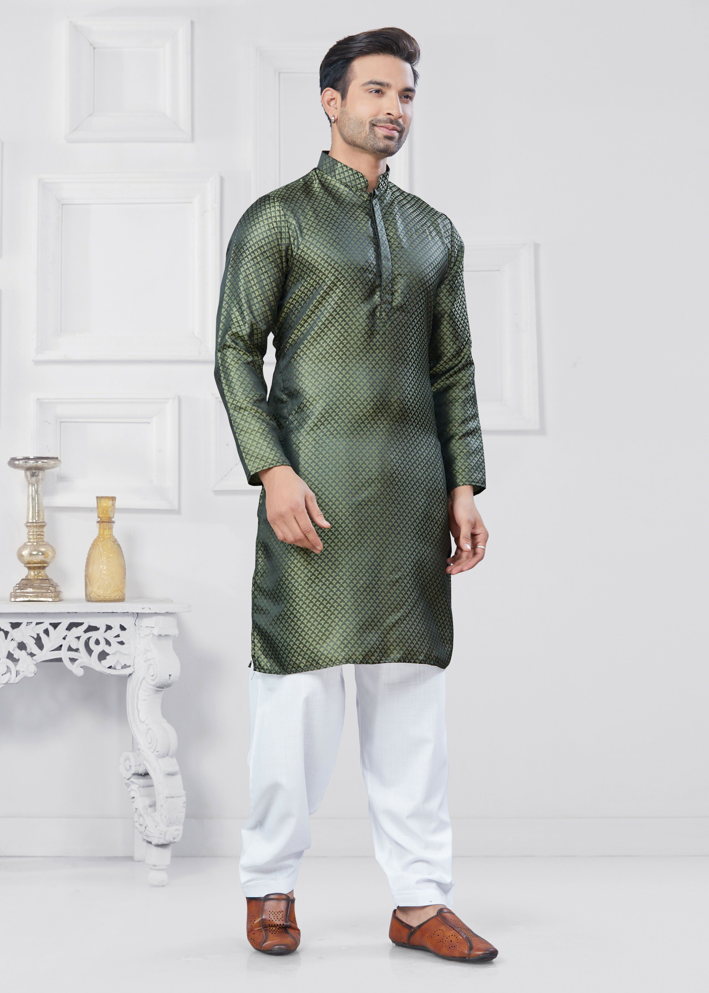 Joban Fashion Men's Jacquard Silk Green Printed Kurta Pyjama set