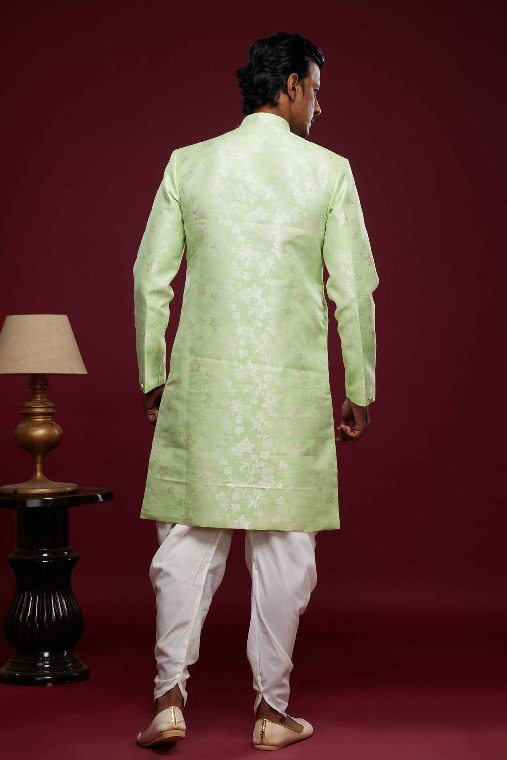 Raivat Ethnic Banarasi Jacquard Embroidery Semi Indo Western Sherwani In Pista Green Colour