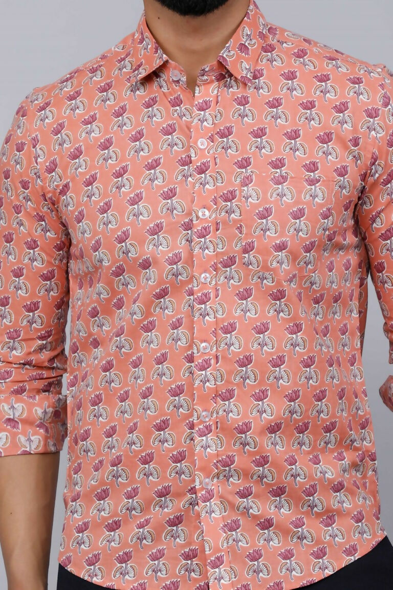 Miravan Men's Peach Spread Collar Floral Print Casual Shirt