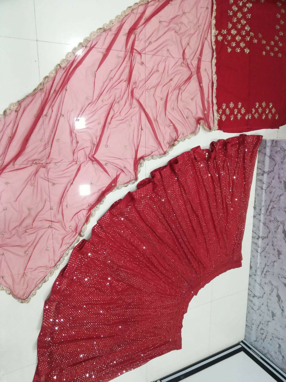 Jyoti Fashion Gorgeous Gajri Red 5MM Ton To Ton Red Thread Embroidery Faux Georgette Lehenga Choli with Dupatta