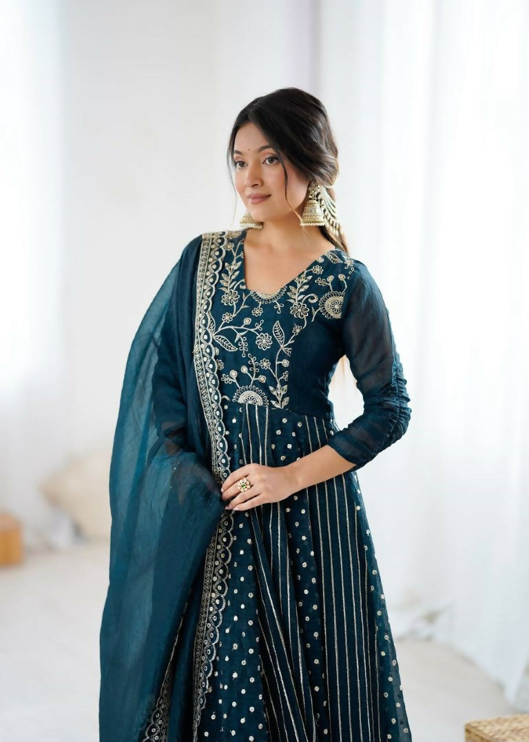 Teeya Creation Teal Color Heavy Crunchy Silk Embroidery Work Gown - Distacart