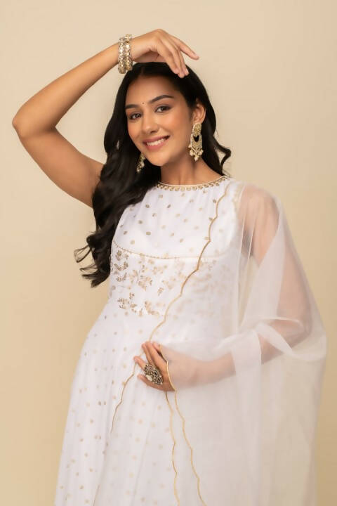 FIORRA Women's White Georgette Anarkali Kurta With Dupatta