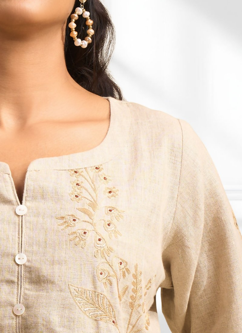 Joban Fashion Beige Linen Embroidered Readymade Cord Set - Distacart