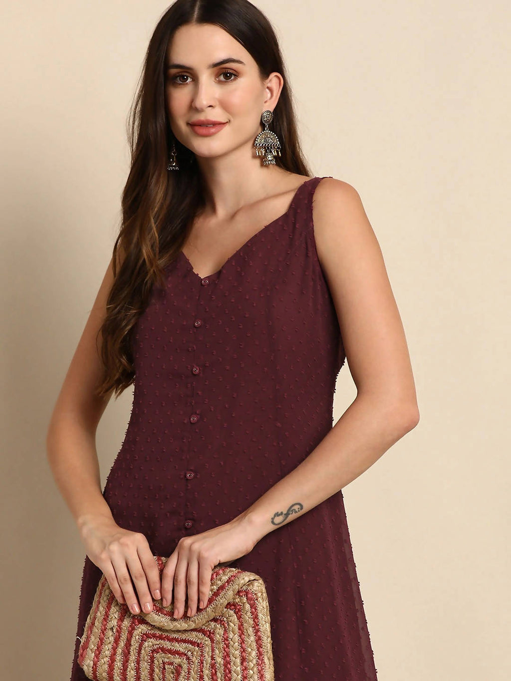 Janasya Maroon Poly Chiffon Dobby Weave Kurta - Distacart