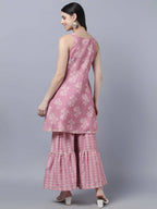 Myshka Women Peach-Coloured White Floral Printed Kurta with Sharara With Dupatta Set - Distacart