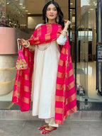 The52 White Women's Gorgeous Embroidered Work Chanderi Fabric Flared Kurta Pant and Dupatta Set - Distacart