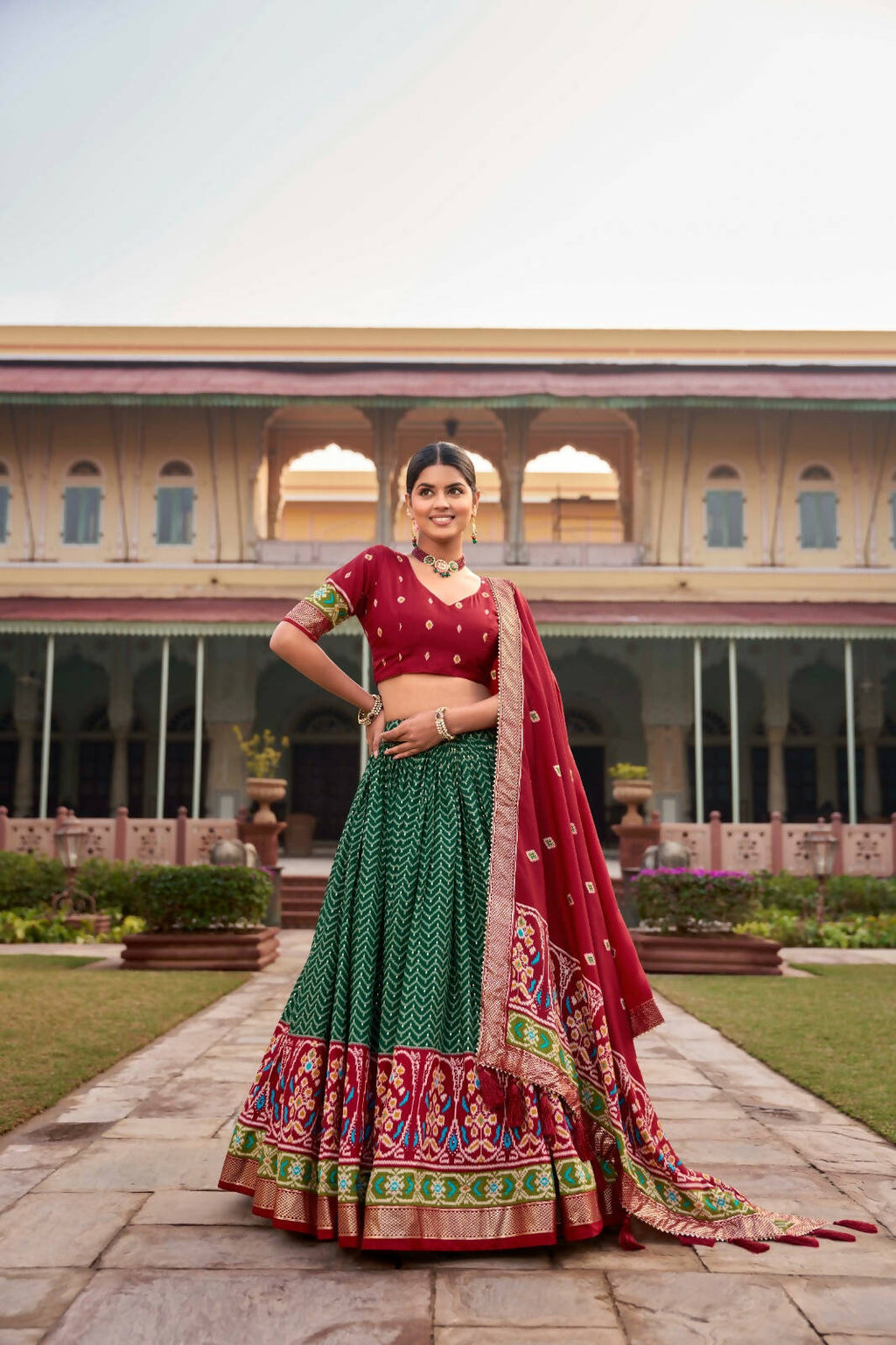 Green Lehenga Choli Set for Women Tussar Silk Lengha with Foil Printed by Infinity Export
