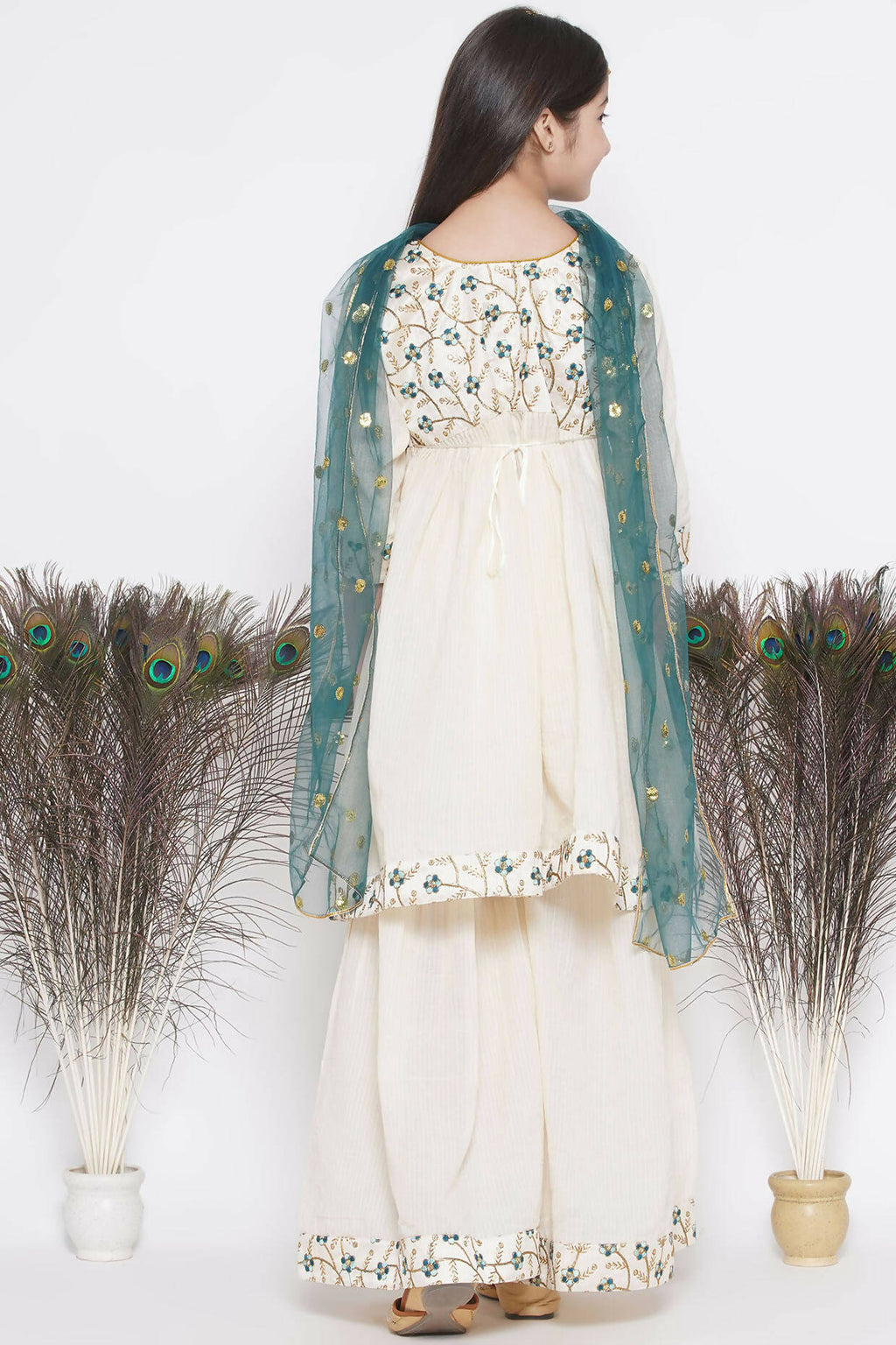 Little Bansi Blue Floral Embroidery Jacket with Cotton Kantha Frock Sharara and Dupatta with Ghungroo Handwork - Cream