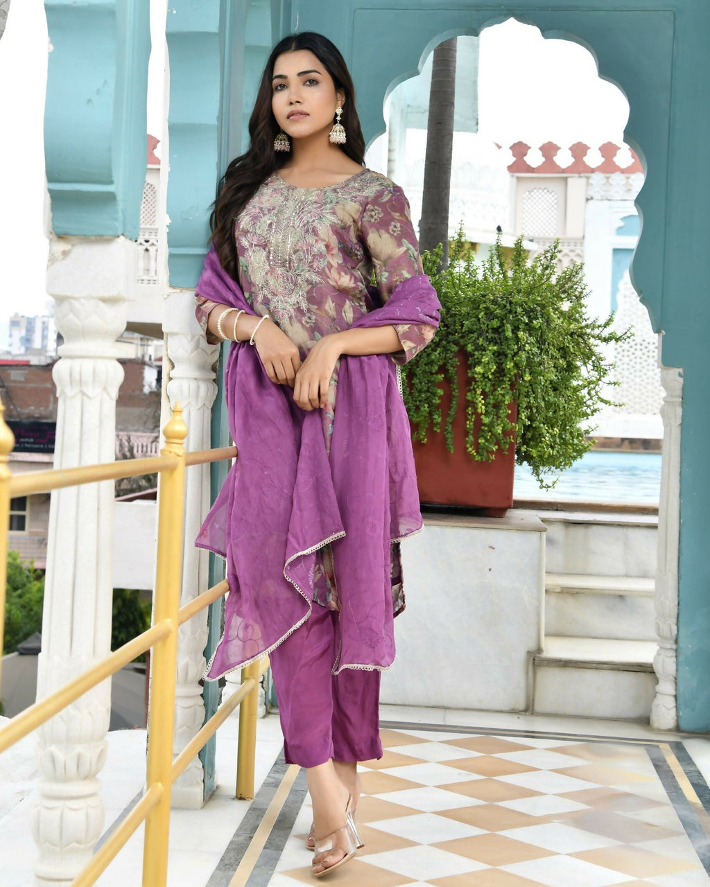 Vaasva Women's Purple Tissue Embroidered Suit Set With Solid Pant And Embroidered Dupatta