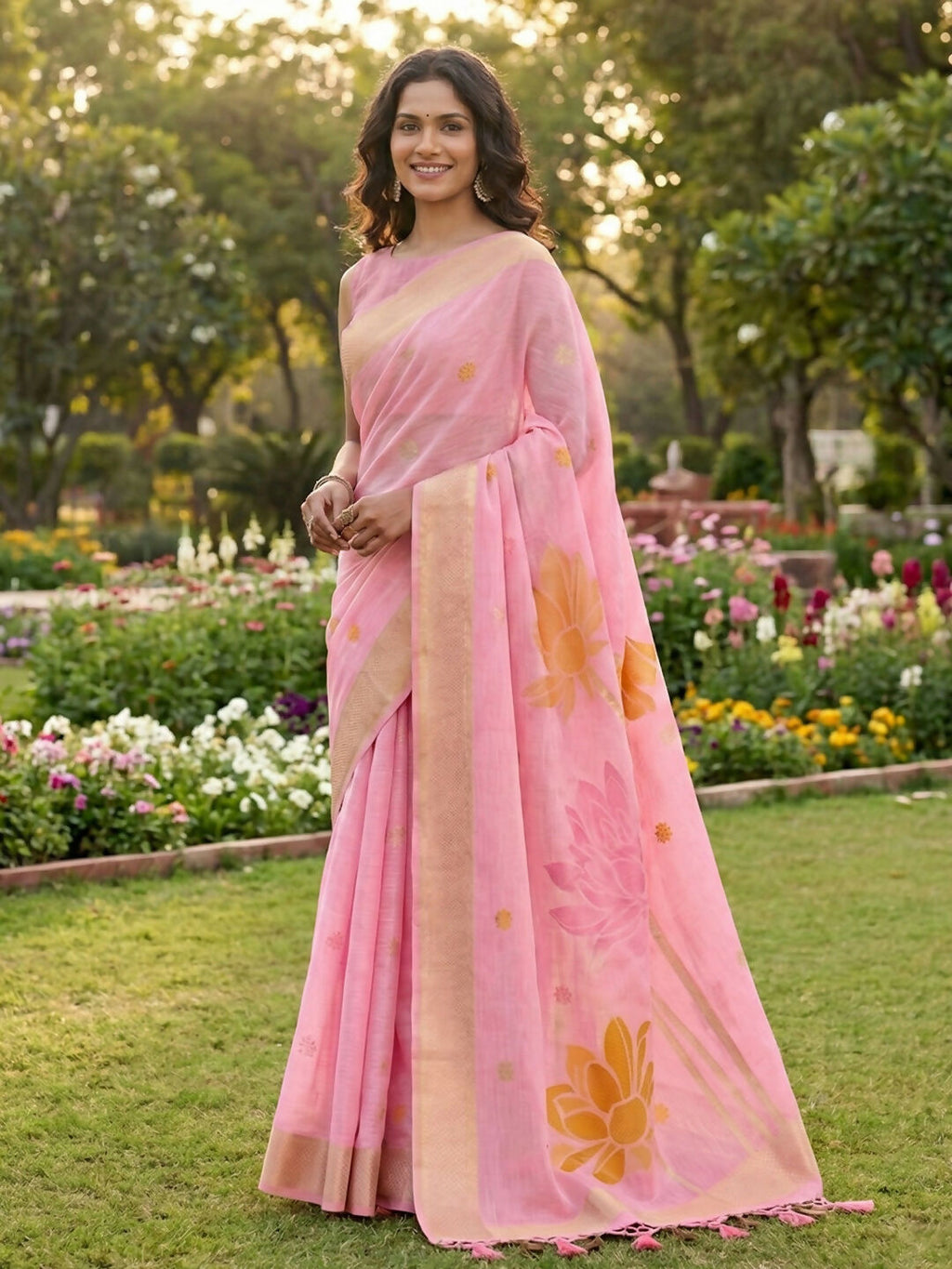 Shree Shyam Fashion Pink Linen Cotton Saree - Distacart