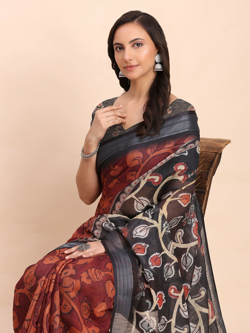 Shree Shyam Fashion Linen Cotton Maroon Saree - Distacart