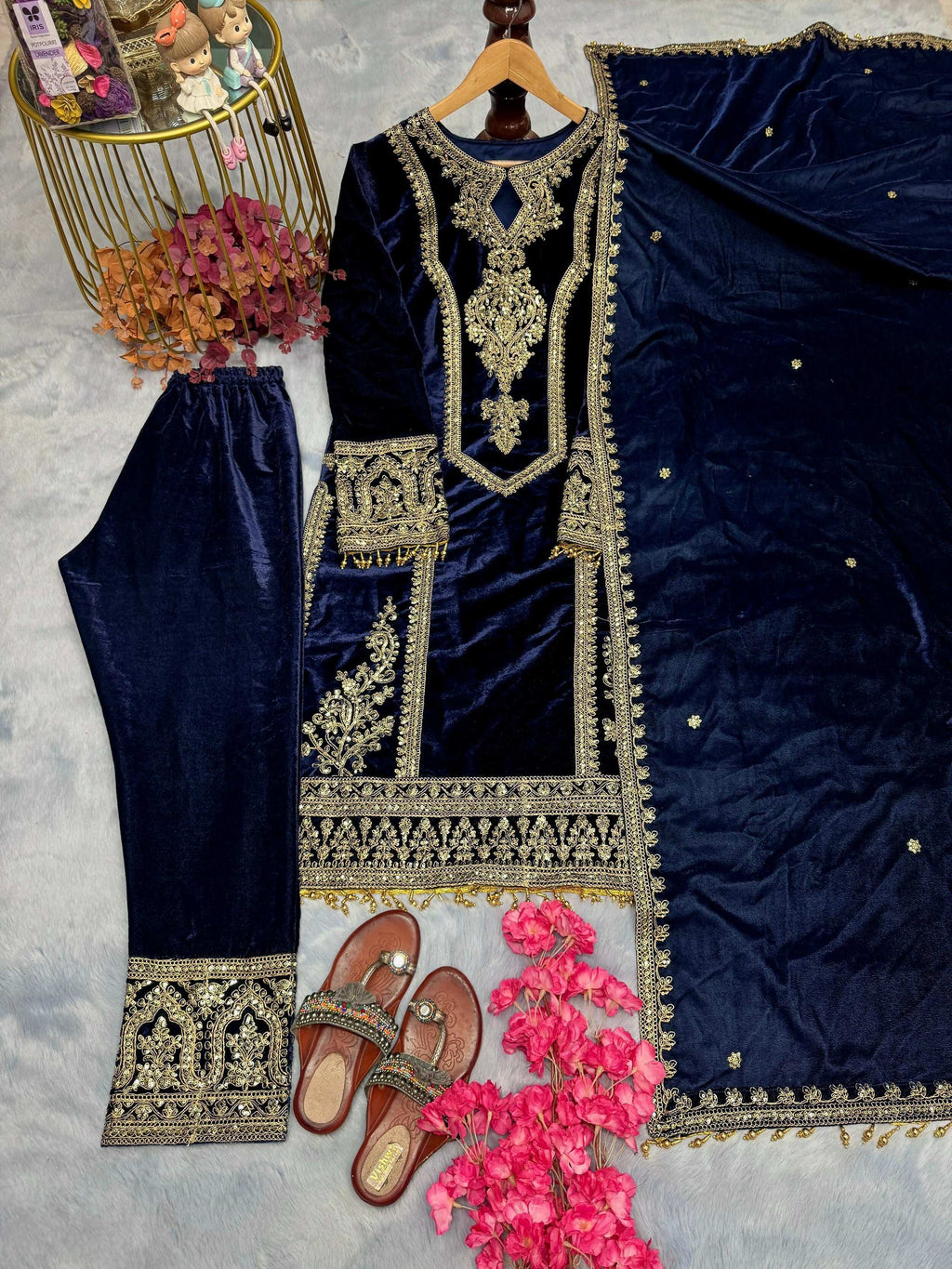 Teeya Creation Blue Color Velvet Fabric Designer Embroidery Work Suit - Distacart