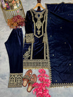 Teeya Creation Blue Color Velvet Fabric Designer Embroidery Work Suit - Distacart