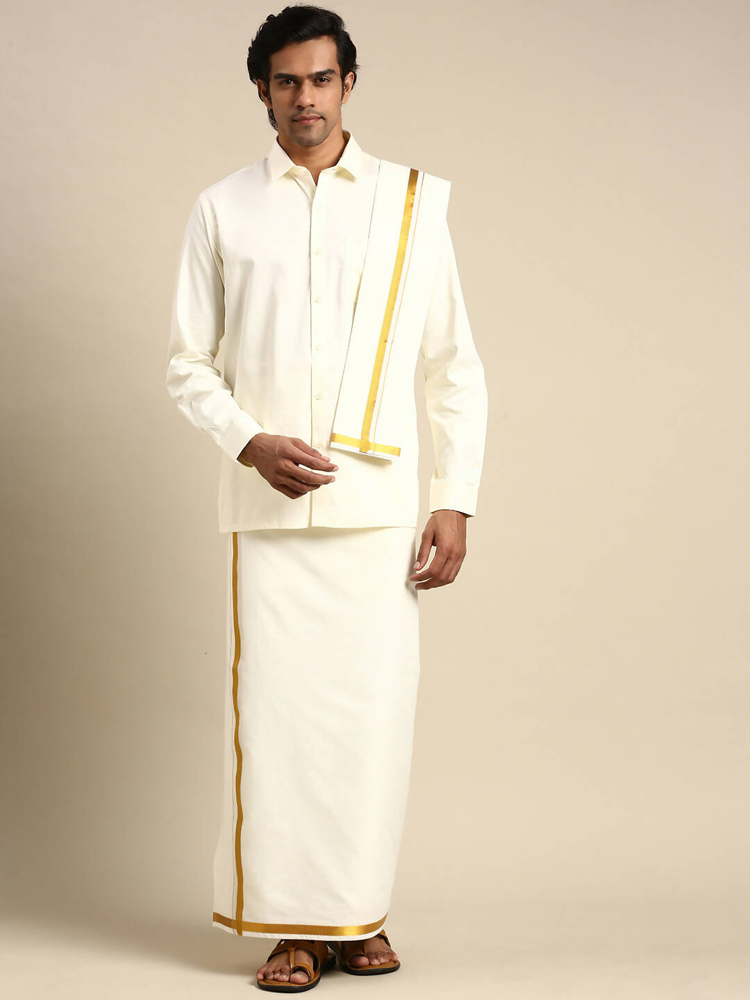Ramraj Cotton Premium Wedding Cream Regular Dhoti, Shirt & Towel Set Golden Reward