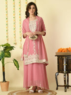 Myshka Women's Pink Georgette Kurta & Skirt With Dupatta Party Sets
