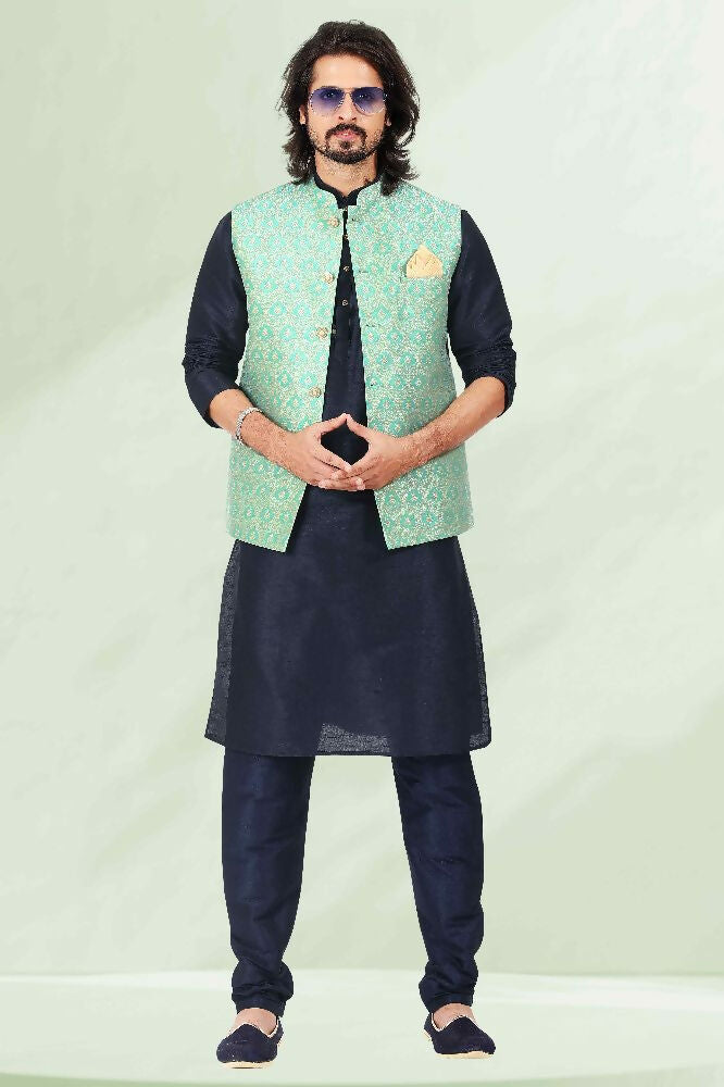 Raivat Ethnic Jacquard Banarasi Silk Woven Work 3 Pics Jacket Set In Pista Green Colour - Distacart