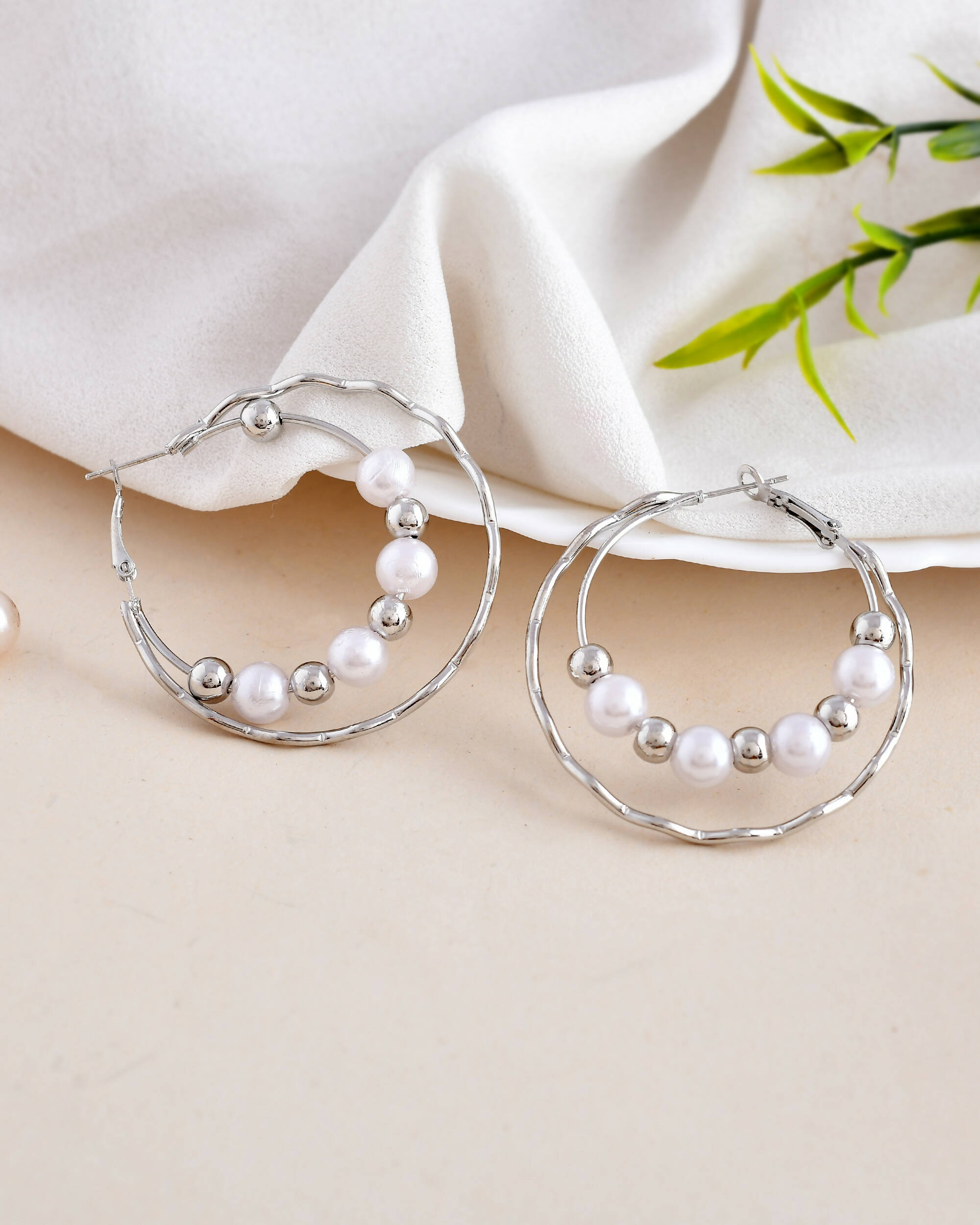 VOJ Women Sliver-Plated Pearl Stainless Steel Hoop Earrings - Distacart