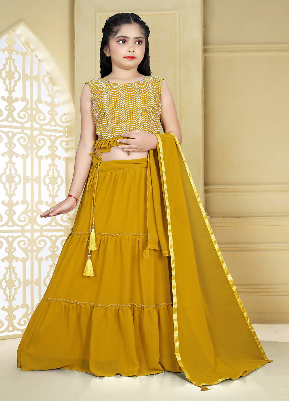 Wedding Designer Yellow Georgette Kidswear Lehenga - Aaradhna