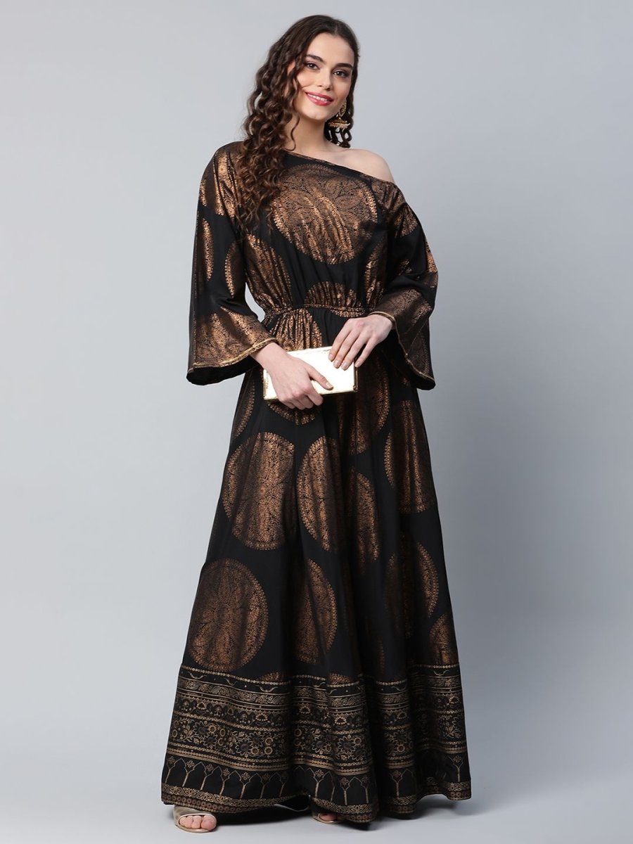 Ahalyaa Womens Black Crepe Copper Foil Printed Maxi Dress - Distacart