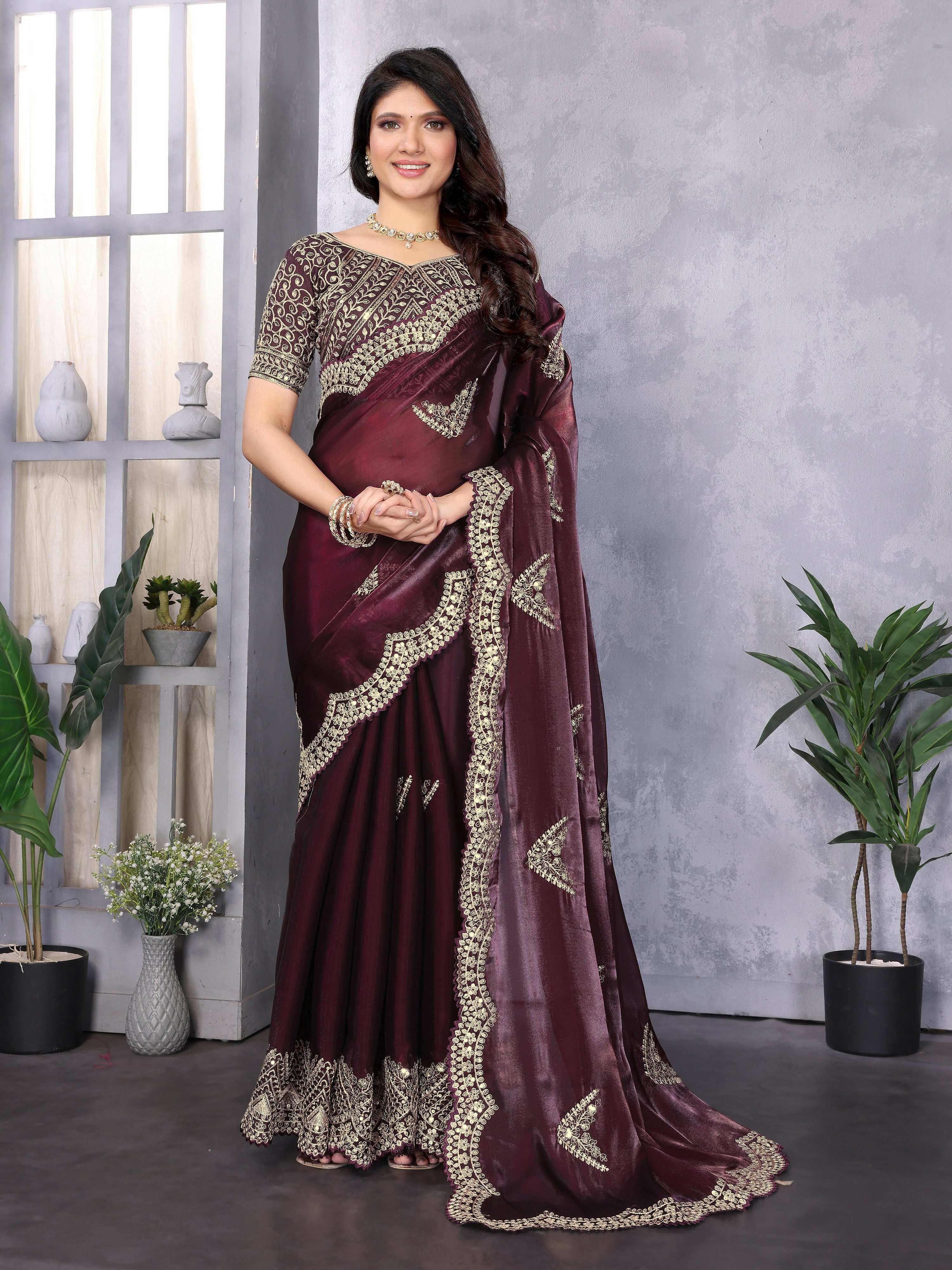 Vastranavya Wine Embroidery Work Shimmer Chiffon Saree with Unstitched Blouse - Distacart