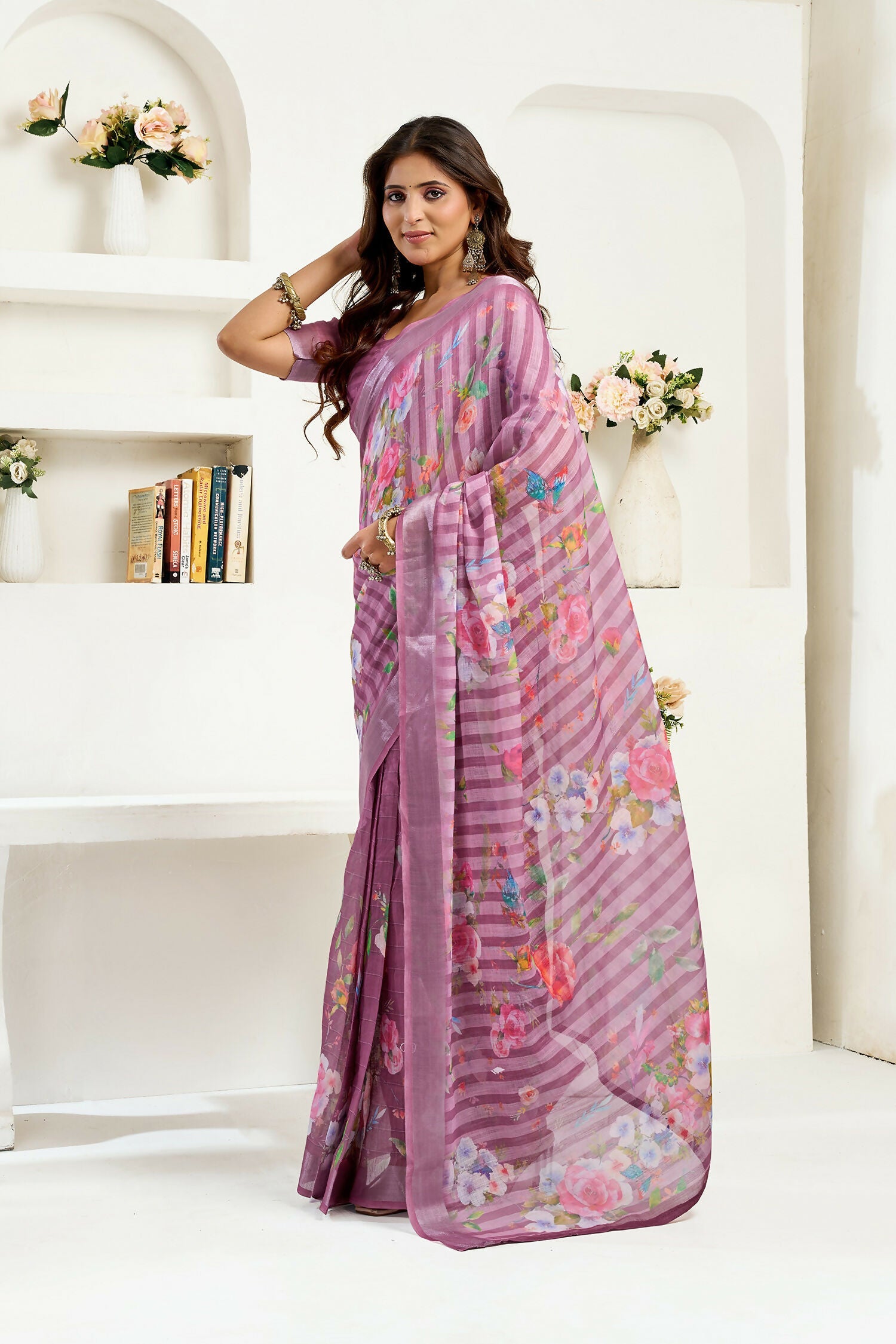 Joban Fashion Dusty Wine Floral & Striped Linen Ready To Wear Saree With Unstitched Blouse - Distacart