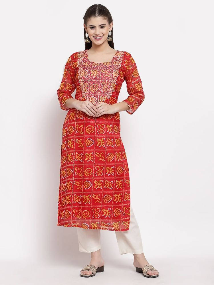 Myshka Women's Red Cotton Printed 3/4 Sleeve Square Neck Casual Kurta