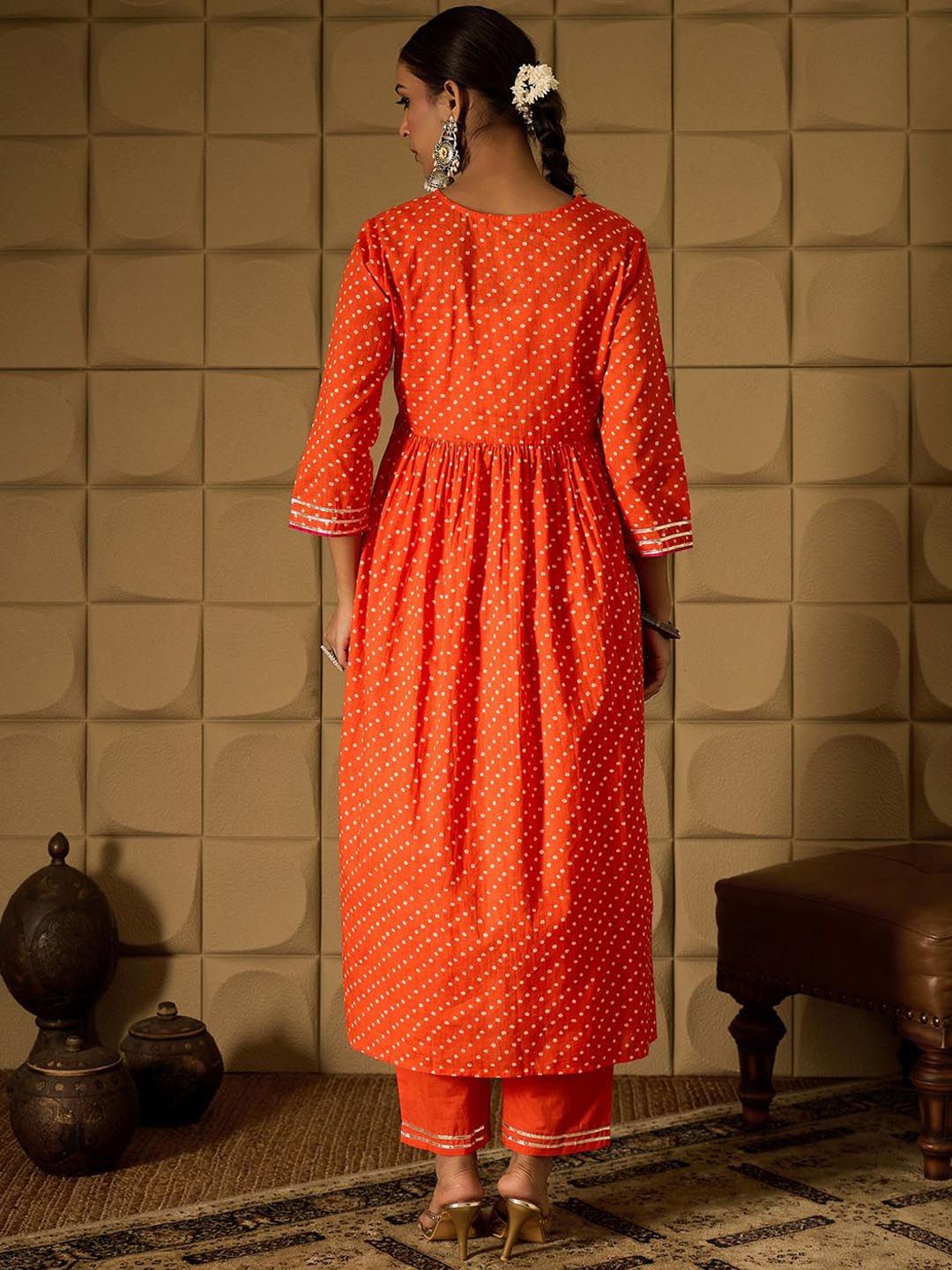 Indo Era Bandhani Embroidered Empire Sequined A-Line Pure Cotton Kurta With Trousers - Distacart