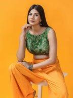 Amodini Designer Studio Women's Banarsi Brocade Sleeveless Green Blouse