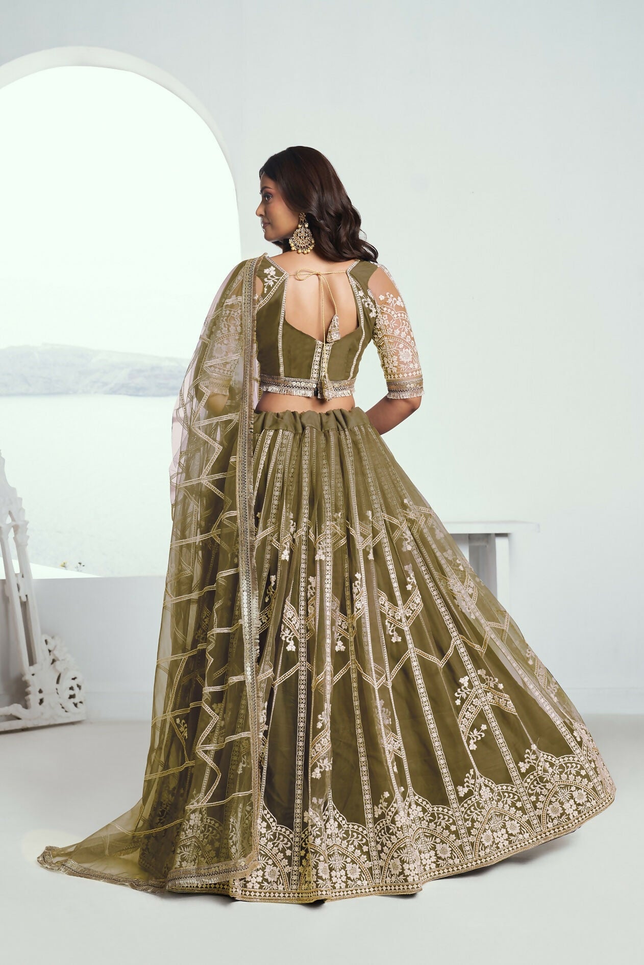 Eilara Adorable Olive Green Sequins Net Mehendi Wear Lehenga Choli