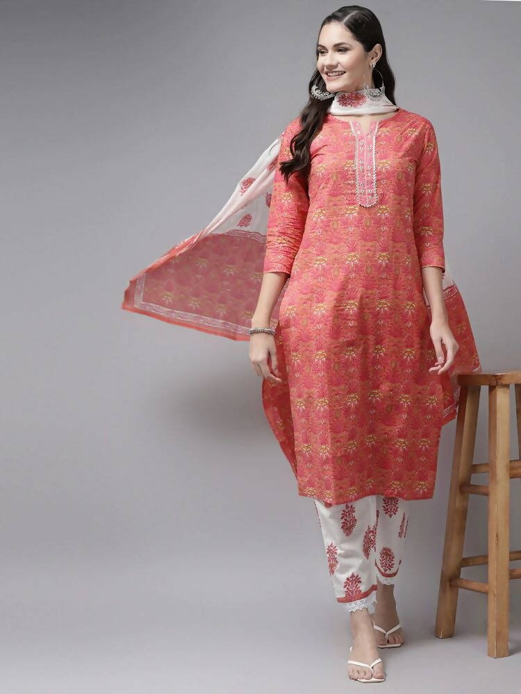 Yufta Women Pink & White Ethnic Motifs Printed Mirror Work Kurta with Palazzo & Dupatta
