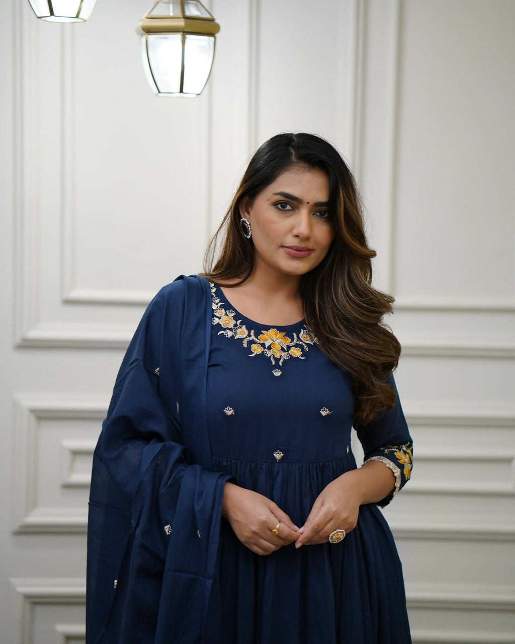 The52 Blue Women's Gorgeous Viscose Fabric Embroidered Work Flared Kurta Pant and Dupatta Set - Distacart