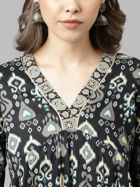 FIORRA Women's Black Cotton A-Line Kurta Palazzo Set