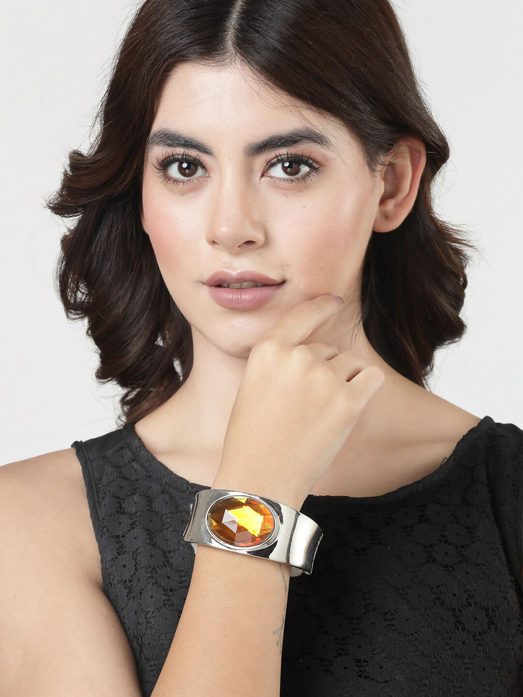 NVR Women Silver-Toned Topaz Rhodium-Plated Kada Bracelet - Distacart