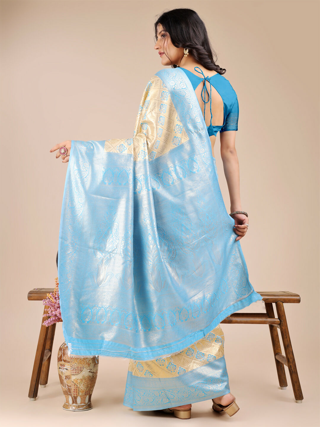Shree Shyam Fashion Aura Silk Cream Sky Blue Banarasi Silk Saree
