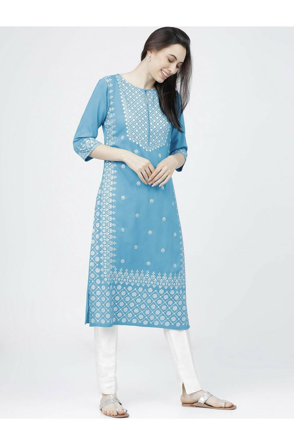 Indian Clothing Cheera Embellished Daily Wear Cotton Blend Kurta - Sky Blue