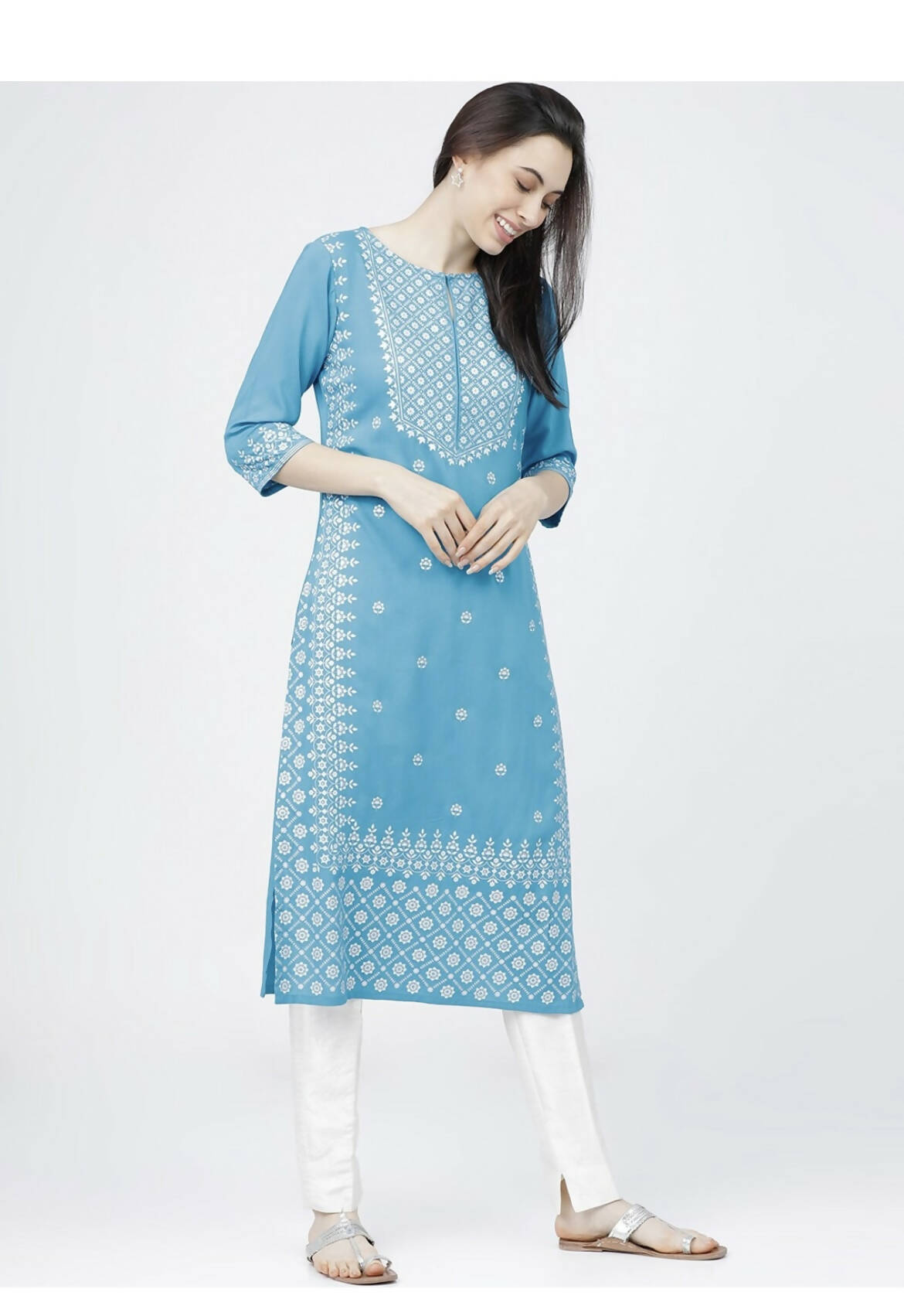 Indian Clothing Cheera Embellished Daily Wear Cotton Blend Kurta - Sky Blue