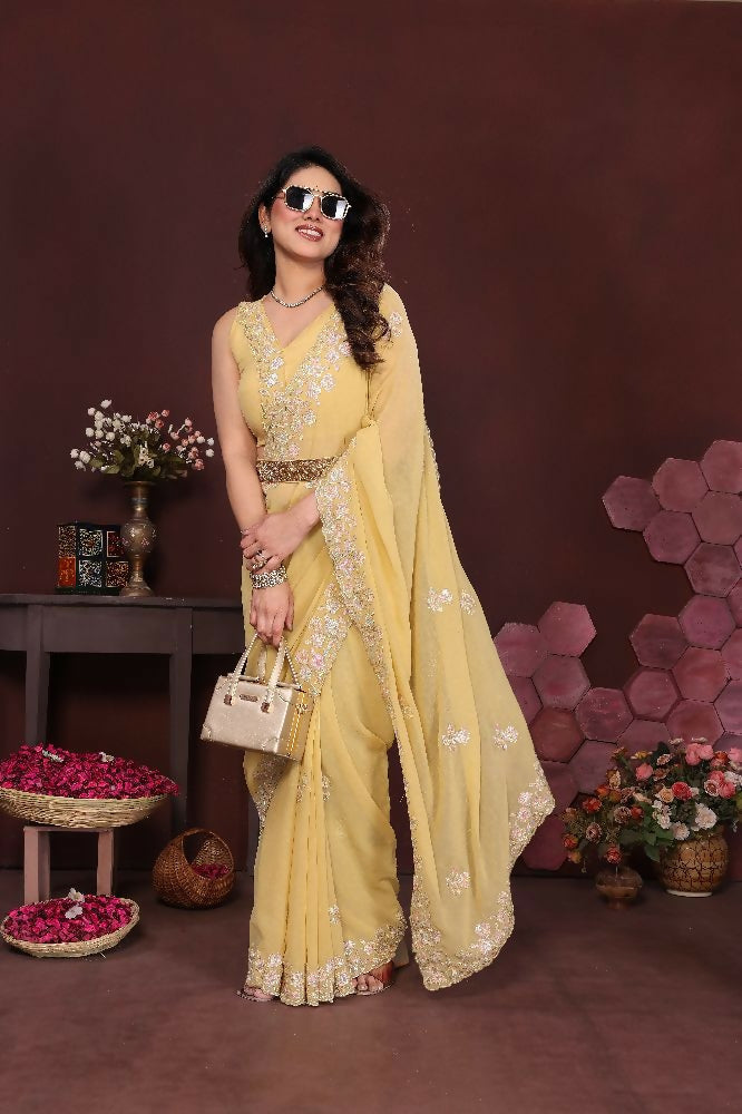 PR Fashion Yellow Georgette Embroidery Work With Embroidery Work Blouse Saree