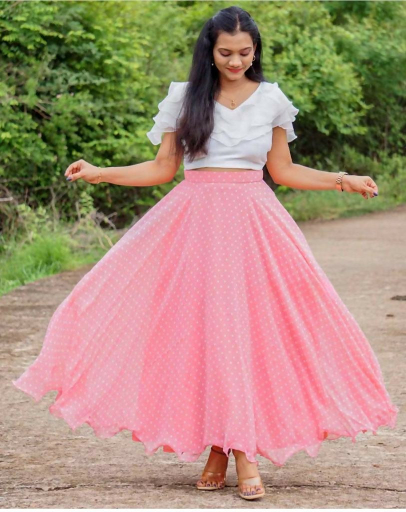 Dishitha Creation Printed Stitched Lehenga & Crop Top - White & Pink
