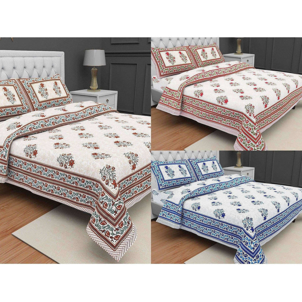 Jaipuri Hand Printed Floral 144TC Cotton DoubleQueen Bedsheet with 2 Pillow Covers