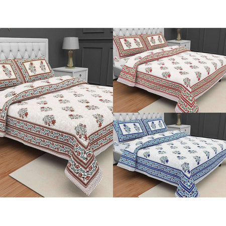 Jaipuri Hand Printed Floral 144TC Cotton DoubleQueen Bedsheet with 2 Pillow Covers