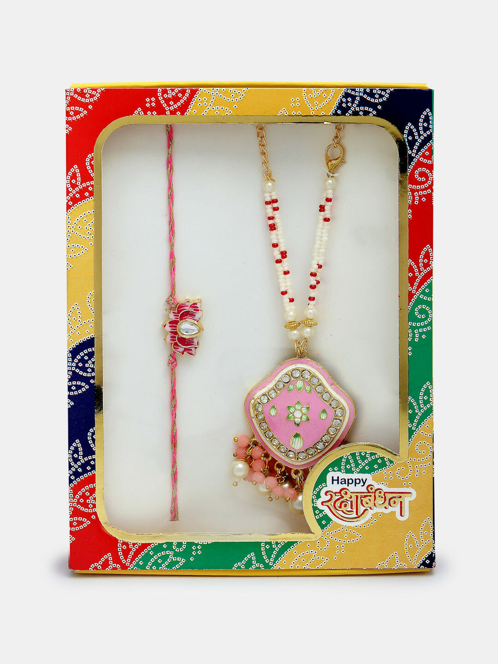 NVR Women & Men Set of 2 Pink Lotus Shape Kundan Stone-Studded & Beaded Bhaiya Bhabhi Rakhi With Roli Chawal & Chocolate - Distacart