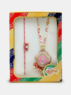 NVR Women & Men Set of 2 Pink Lotus Shape Kundan Stone-Studded & Beaded Bhaiya Bhabhi Rakhi With Roli Chawal & Chocolate - Distacart