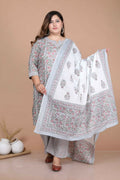 Miravan Women's Plus Size Blue Floral Printed Gota Patti Cotton Kurta With Palazzo And Dupatta Set