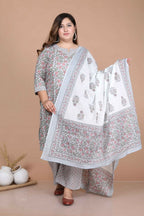 Miravan Women's Plus Size Blue Floral Printed Gota Patti Cotton Kurta With Palazzo And Dupatta Set