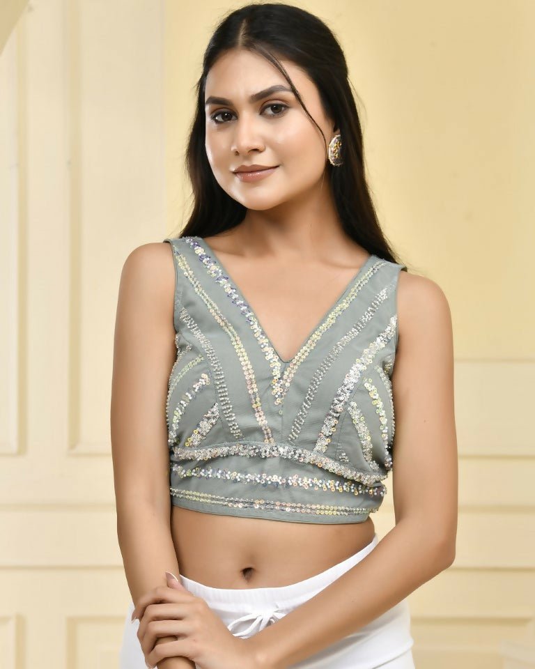 Amodini Designer Studio Teal Sequined Pearl Cutdana Sleeveless Padded Blouse