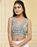Amodini Designer Studio Teal Sequined Pearl Cutdana Sleeveless Padded Blouse