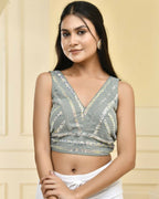 Amodini Designer Studio Teal Sequined Pearl Cutdana Sleeveless Padded Blouse